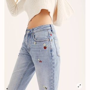 Free People Medium Wash Embroidered Fruit Jeans